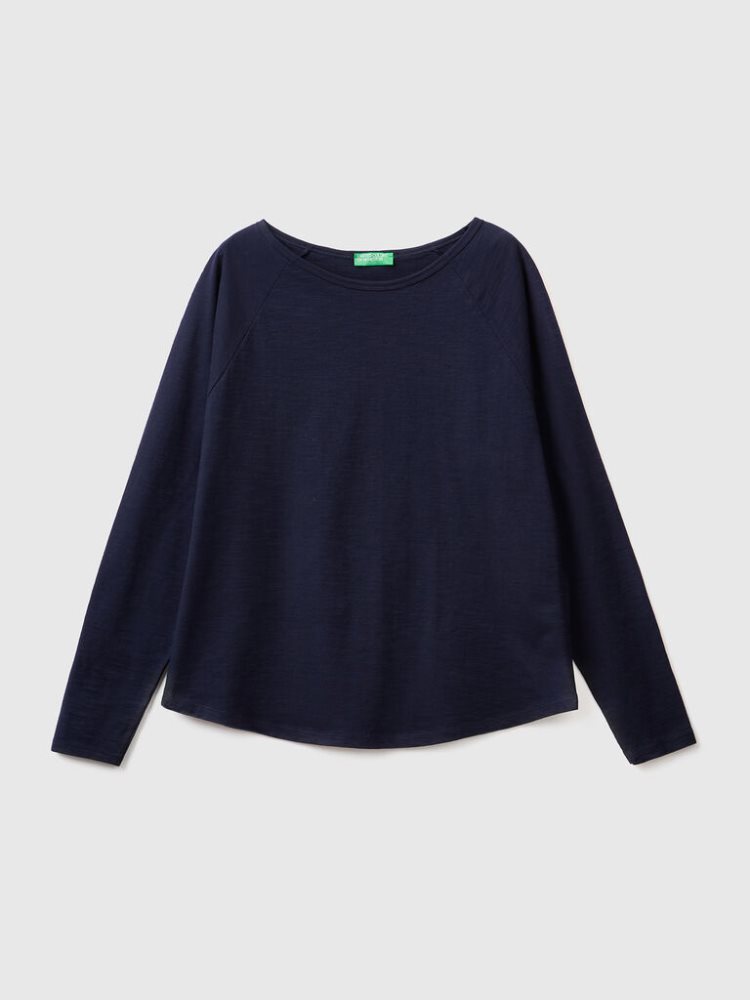 Dark Blue Women's Benetton Long Sleeve Pure Cotton T Shirts | AU632682