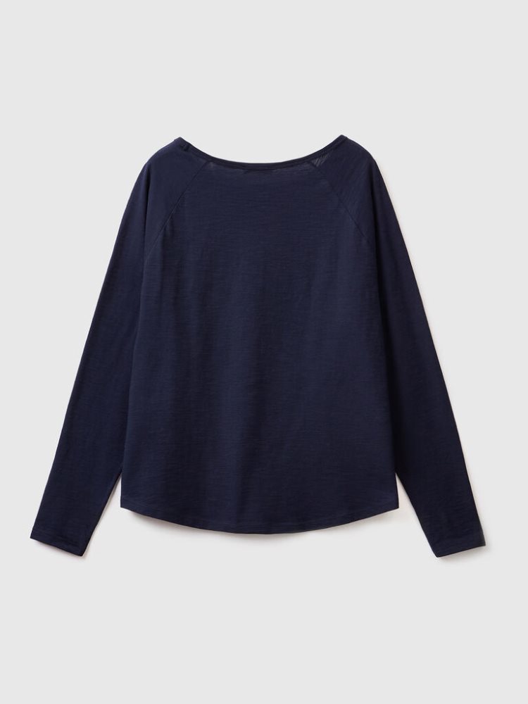 Dark Blue Women's Benetton Long Sleeve Pure Cotton T Shirts | AU632682