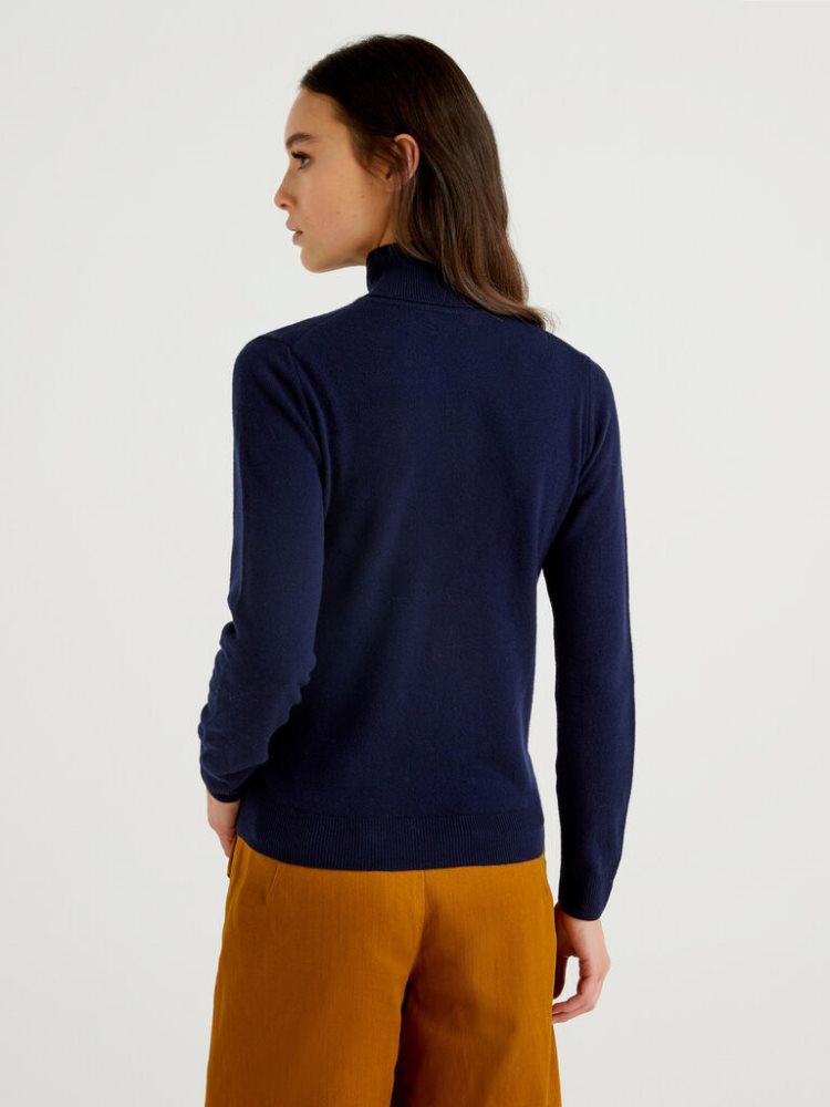 Dark Blue Women's Benetton Pure Merino Wool Turtleneck High Neck Sweaters | AU373476