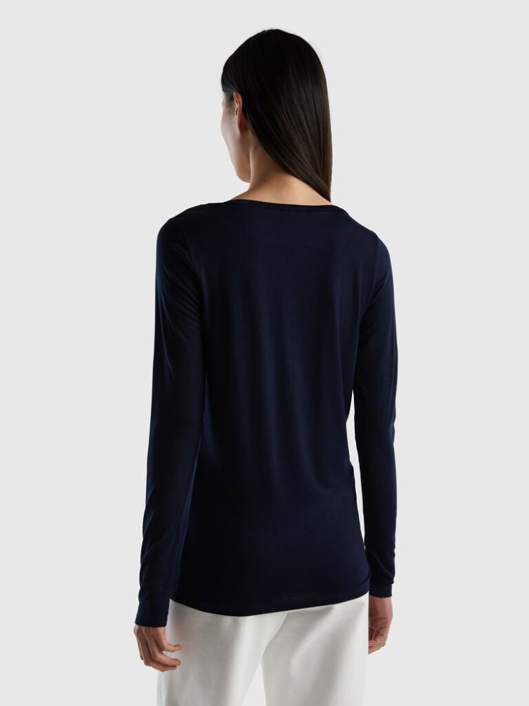 Dark Blue Women's Benetton Sustainable Stretch Viscose Long Sleeve T-shirts | AU385970