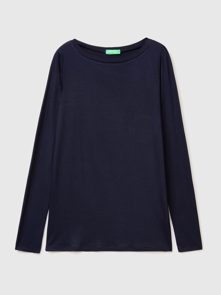 Dark Blue Women's Benetton Sustainable Stretch Viscose Long Sleeve T-shirts | AU385970