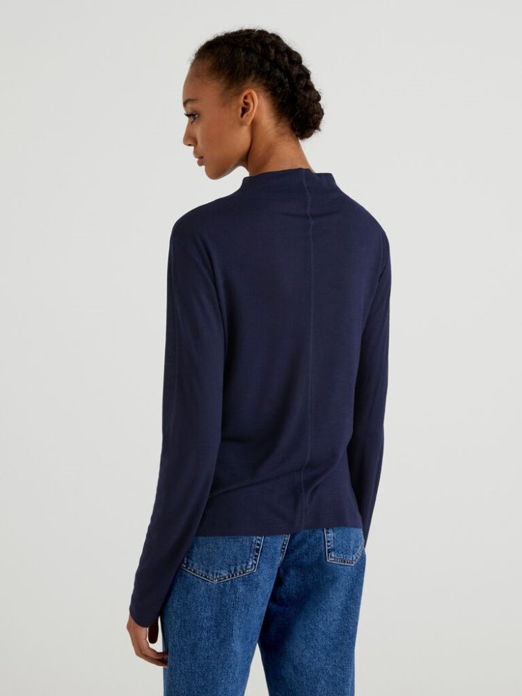 Dark Blue Women's Benetton Wool And Viscose Blend Long Sleeve T-shirts | AU066797