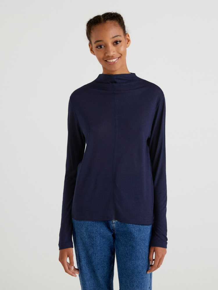 Dark Blue Women\'s Benetton Wool And Viscose Blend Long Sleeve T-shirts | AU066797