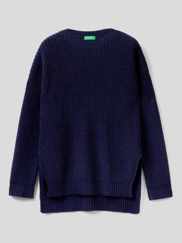 Dark Blue Women's Benetton Wool Blend Slits Crew Neck Sweaters | AU626892