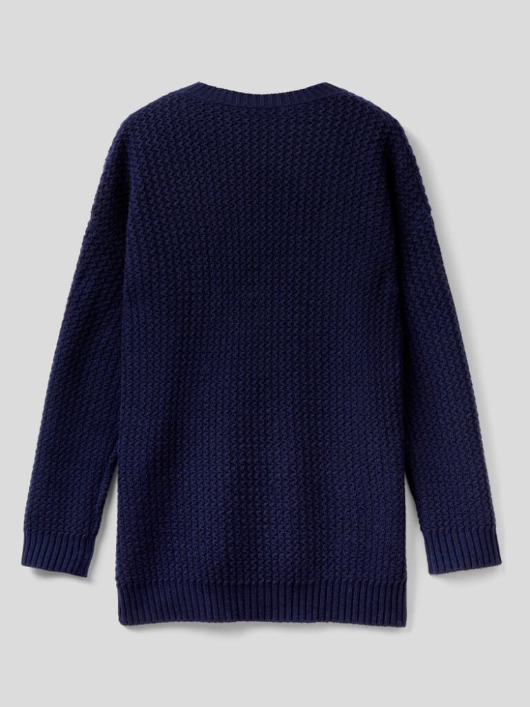 Dark Blue Women's Benetton Wool Blend Slits Crew Neck Sweaters | AU626892