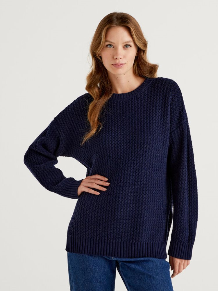 Dark Blue Women\'s Benetton Wool Blend Slits Crew Neck Sweaters | AU626892