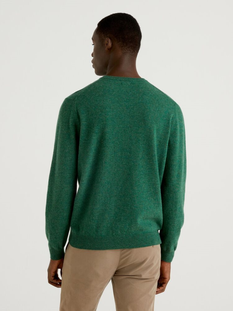 Dark Green Men's Benetton Crew Neck Pure Merino Wool Sweaters | AU247516