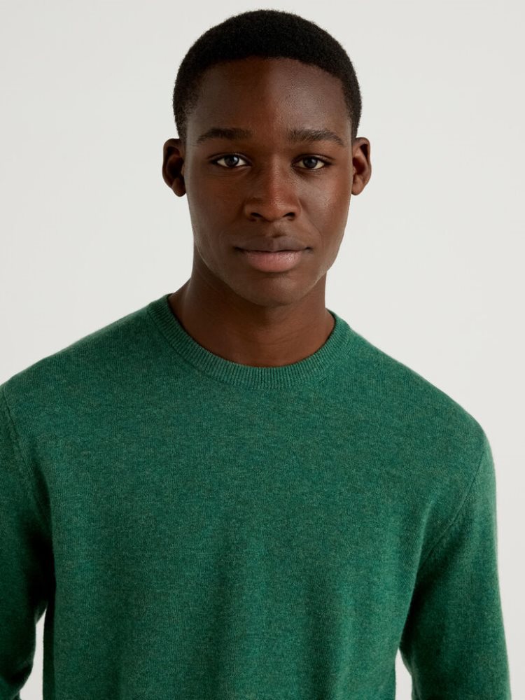 Dark Green Men's Benetton Crew Neck Pure Merino Wool Sweaters | AU247516