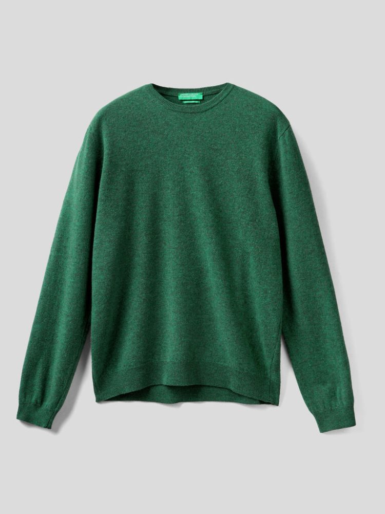 Dark Green Men's Benetton Crew Neck Pure Merino Wool Sweaters | AU247516