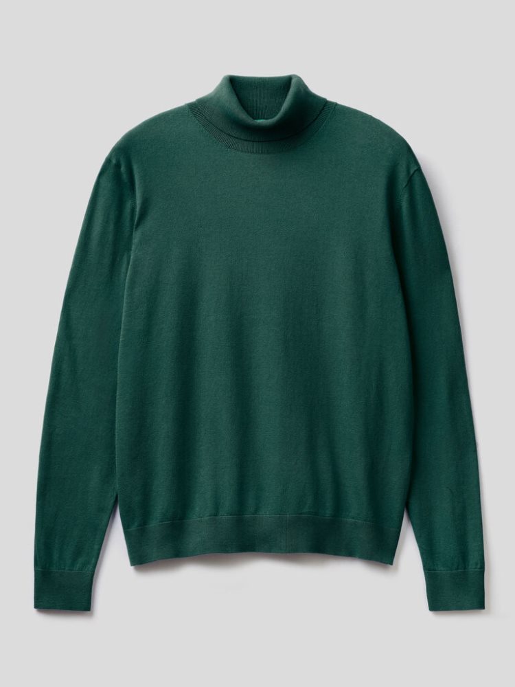 Dark Green Men's Benetton Lightweight Cotton Blend Turtleneck High Neck Sweaters | AU442547