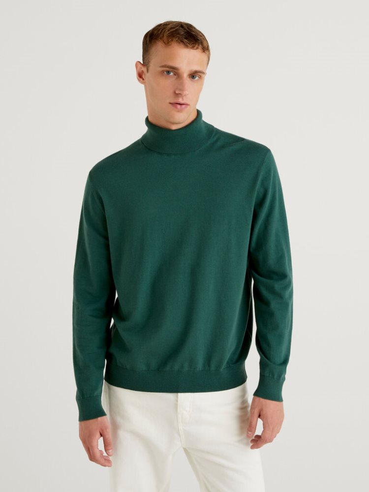 Dark Green Men\'s Benetton Lightweight Cotton Blend Turtleneck High Neck Sweaters | AU442547