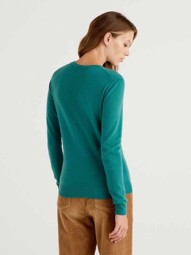 Dark Green Women's Benetton Crew Neck Merino Wool Sweaters | AU640891