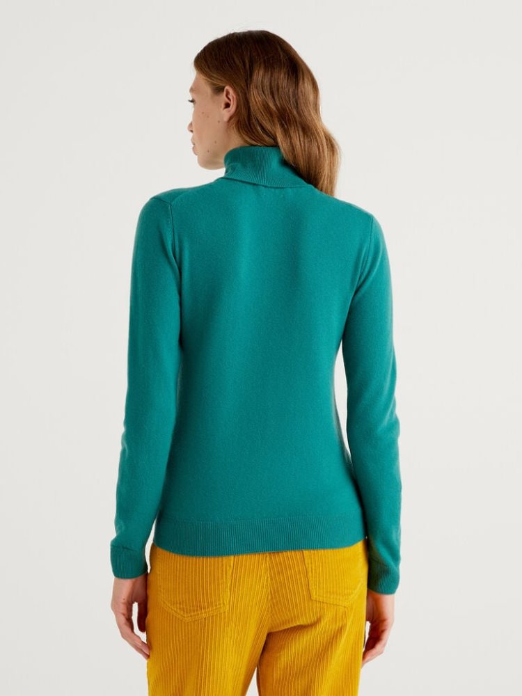 Dark Green Women's Benetton Pure Merino Wool Turtleneck High Neck Sweaters | AU741878