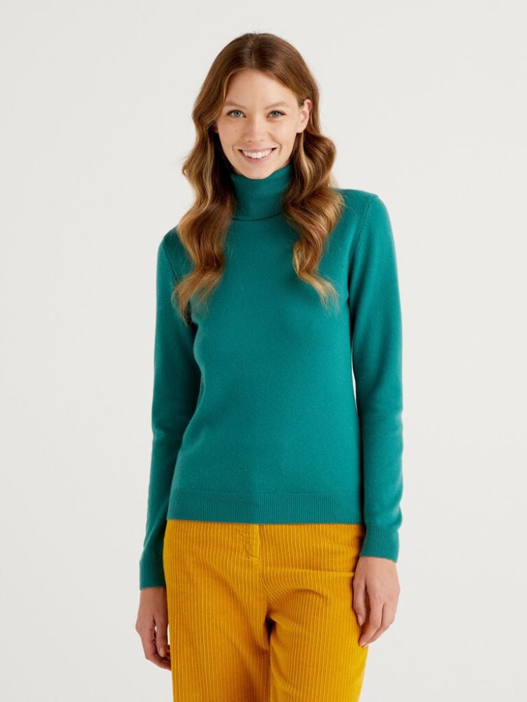 Dark Green Women\'s Benetton Pure Merino Wool Turtleneck High Neck Sweaters | AU741878