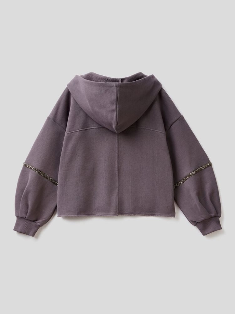 Dark Grey Kids' Benetton Cropped Jeweled Details Hoodie | AU268821