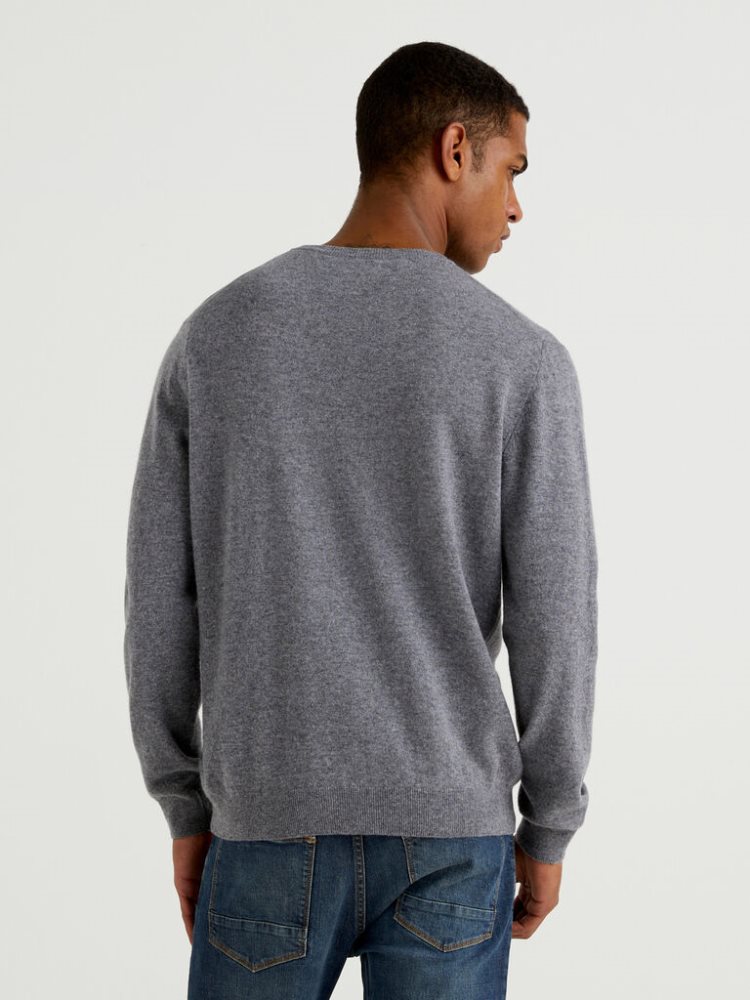 Dark Grey Men's Benetton Crew Neck Pure Merino Wool Sweaters | AU617524