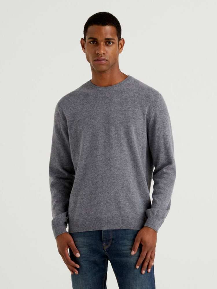 Dark Grey Men\'s Benetton Crew Neck Pure Merino Wool Sweaters | AU617524