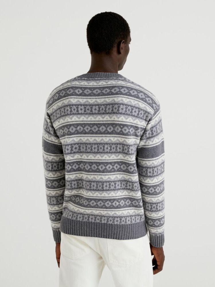 Dark Grey Men's Benetton Jacquard Wool Blend Crew Neck Sweaters | AU438304