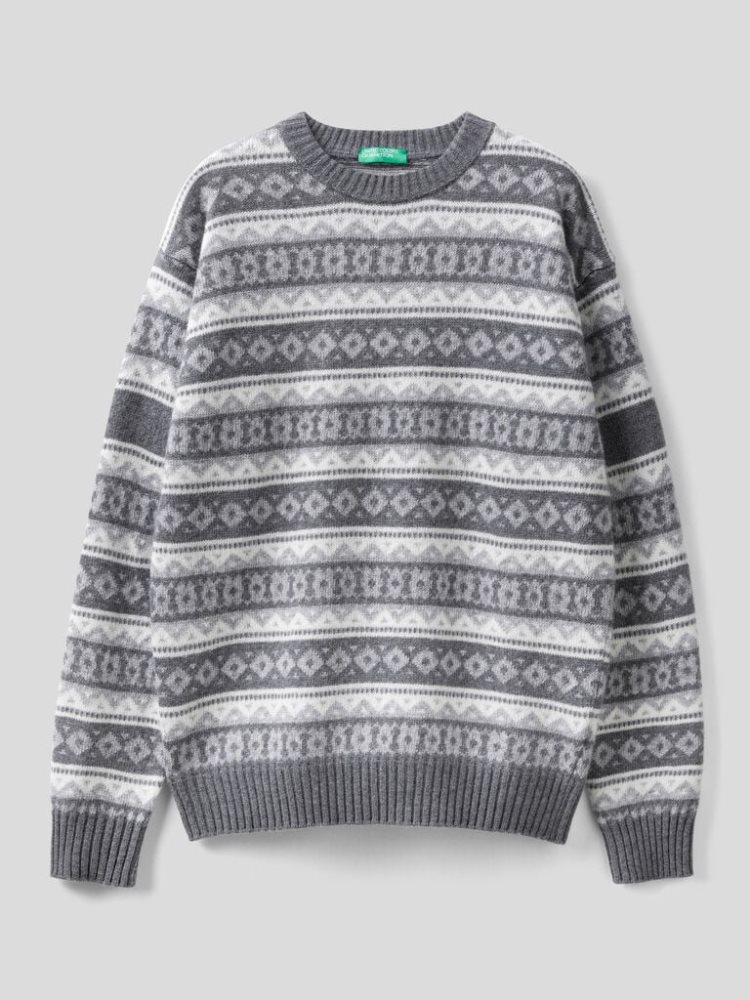 Dark Grey Men's Benetton Jacquard Wool Blend Crew Neck Sweaters | AU438304