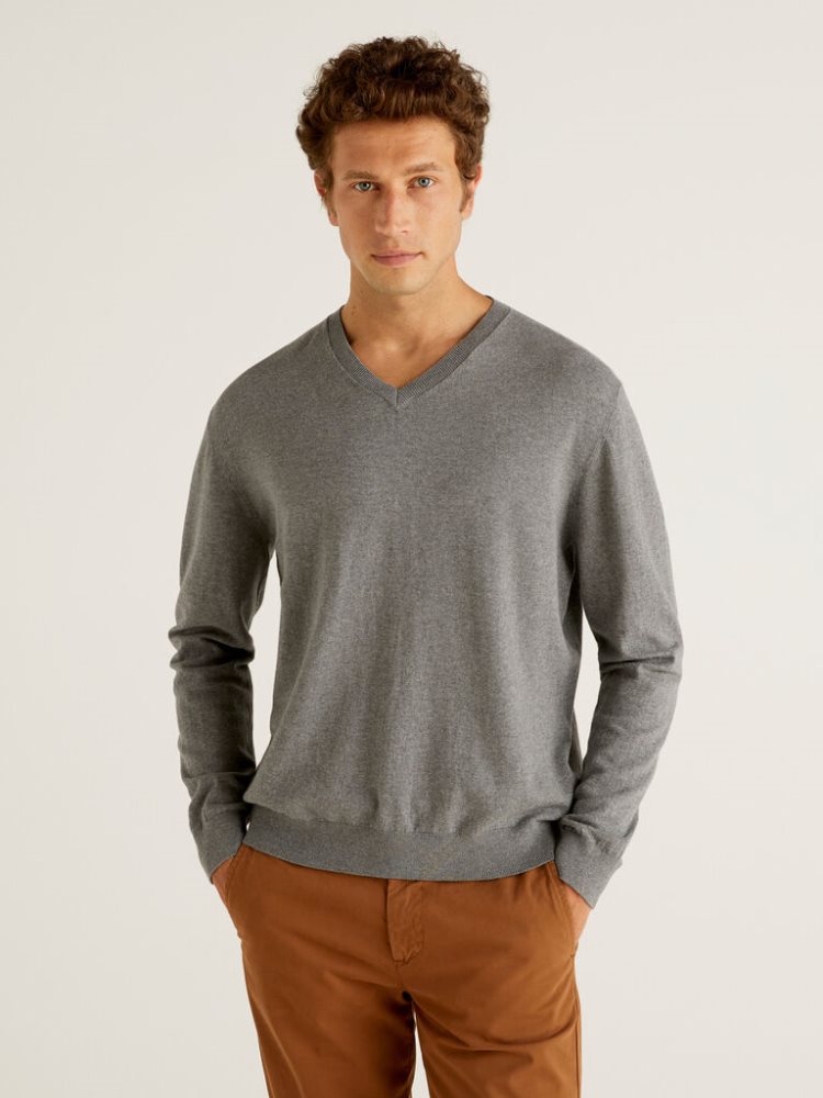 Dark Grey Men\'s Benetton Lightweight Cotton Blend V-neck Sweaters | AU578729