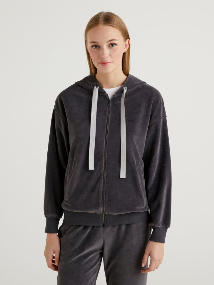 Dark Grey Women\'s Benetton Drawstring Lurex Hoodie | AU954059