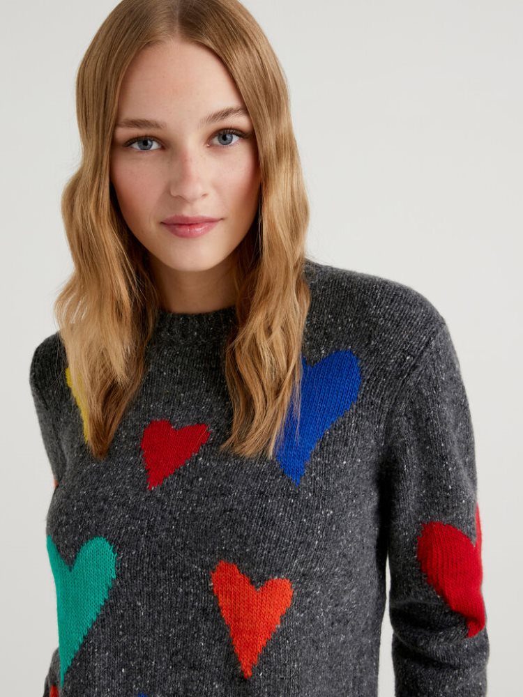 Dark Grey Women's Benetton Jccxucb Hearts Crew Neck Sweaters | AU887123