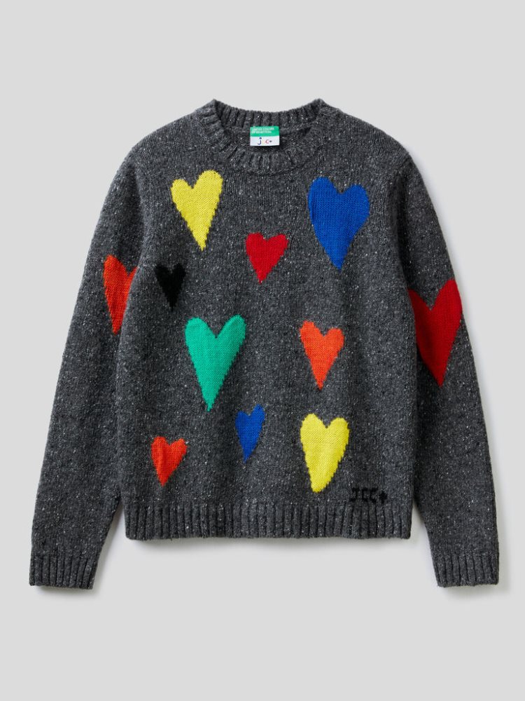 Dark Grey Women's Benetton Jccxucb Hearts Crew Neck Sweaters | AU887123