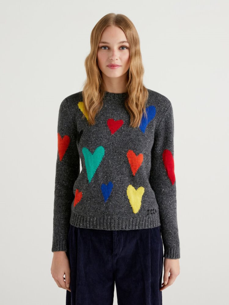 Dark Grey Women\'s Benetton Jccxucb Hearts Crew Neck Sweaters | AU887123