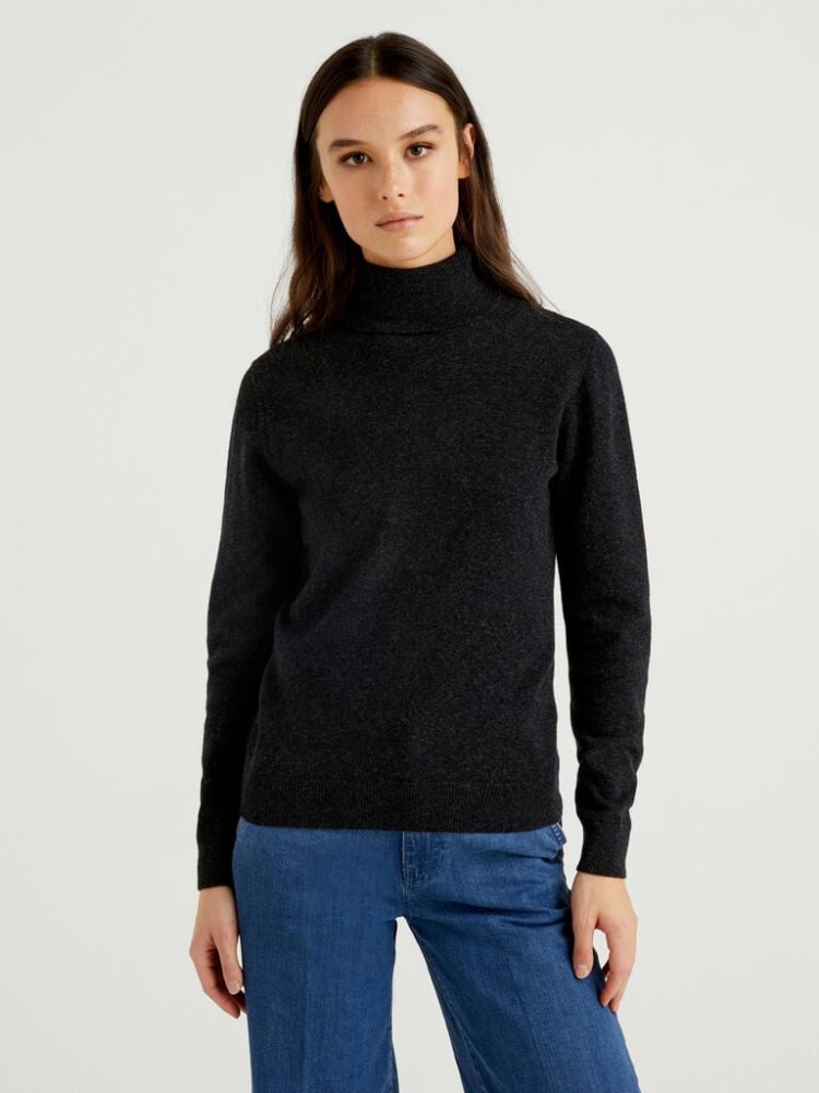 Dark Grey Women\'s Benetton Pure Merino Wool Turtleneck High Neck Sweaters | AU727456