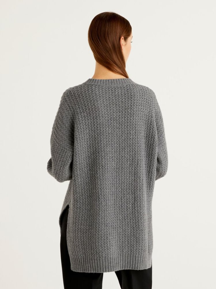 Dark Grey Women's Benetton Wool Blend Slits Crew Neck Sweaters | AU175949