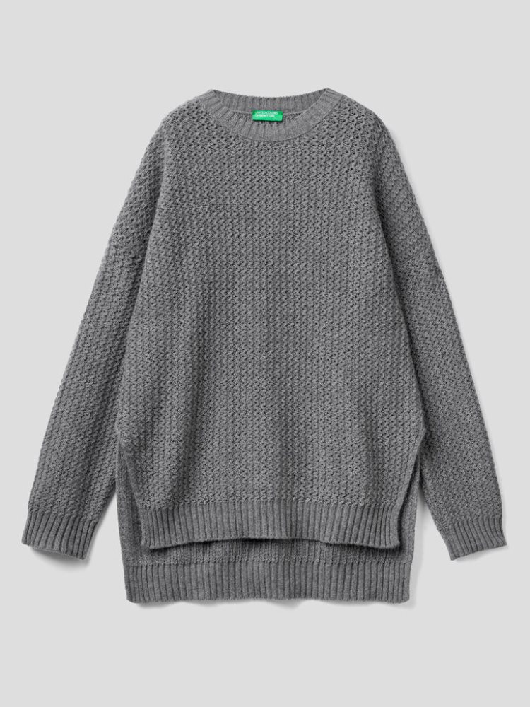 Dark Grey Women's Benetton Wool Blend Slits Crew Neck Sweaters | AU175949