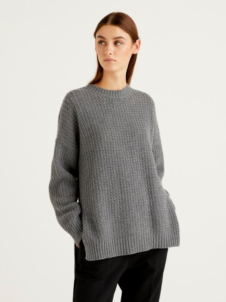 Dark Grey Women\'s Benetton Wool Blend Slits Crew Neck Sweaters | AU175949