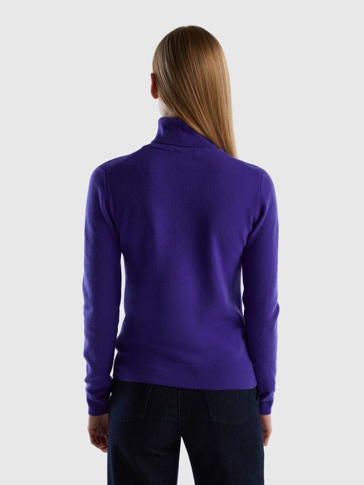 Deep Blue Women's Benetton Pure Merino Wool Turtleneck High Neck Sweaters | AU604700