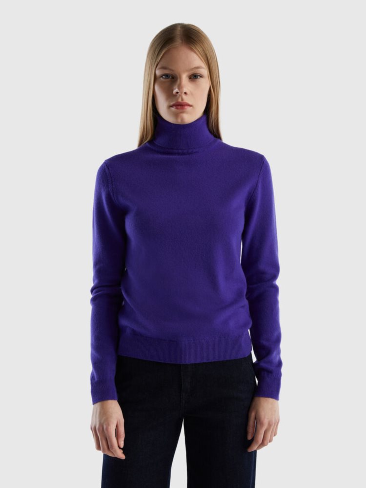 Deep Blue Women\'s Benetton Pure Merino Wool Turtleneck High Neck Sweaters | AU604700