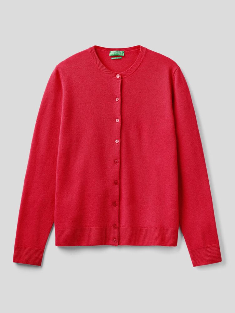 Deep Fuchsia Women's Benetton Crew Neck Pure Merino Wool Cardigan | AU822243