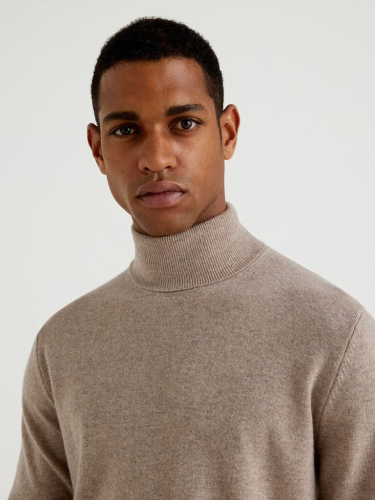 Dove Grey Men's Benetton Dove Gray Pure Merino Wool Turtleneck High Neck Sweaters | AU171687