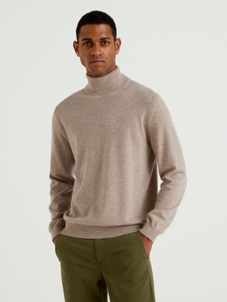 Dove Grey Men\'s Benetton Dove Gray Pure Merino Wool Turtleneck High Neck Sweaters | AU171687