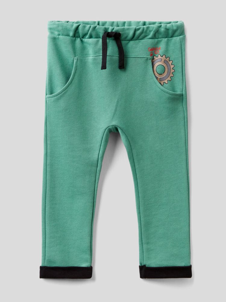 Green Kids' Benetton Print And Drawstring Joggers | AU611889