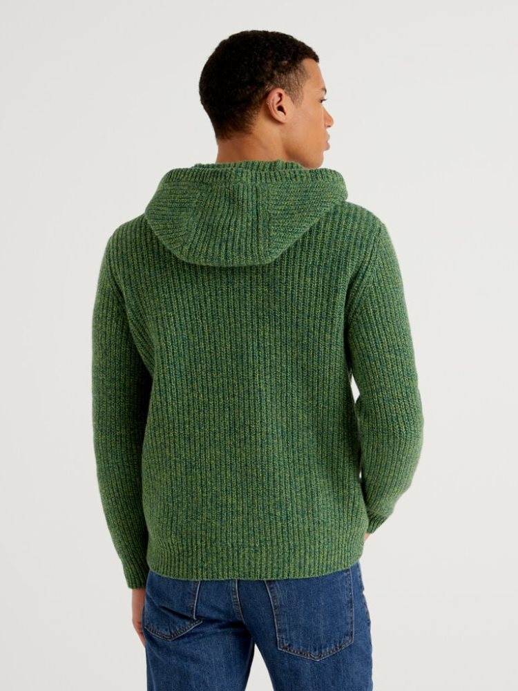 Green Men's Benetton Hood Shetland Wool Crew Neck Sweaters | AU235643