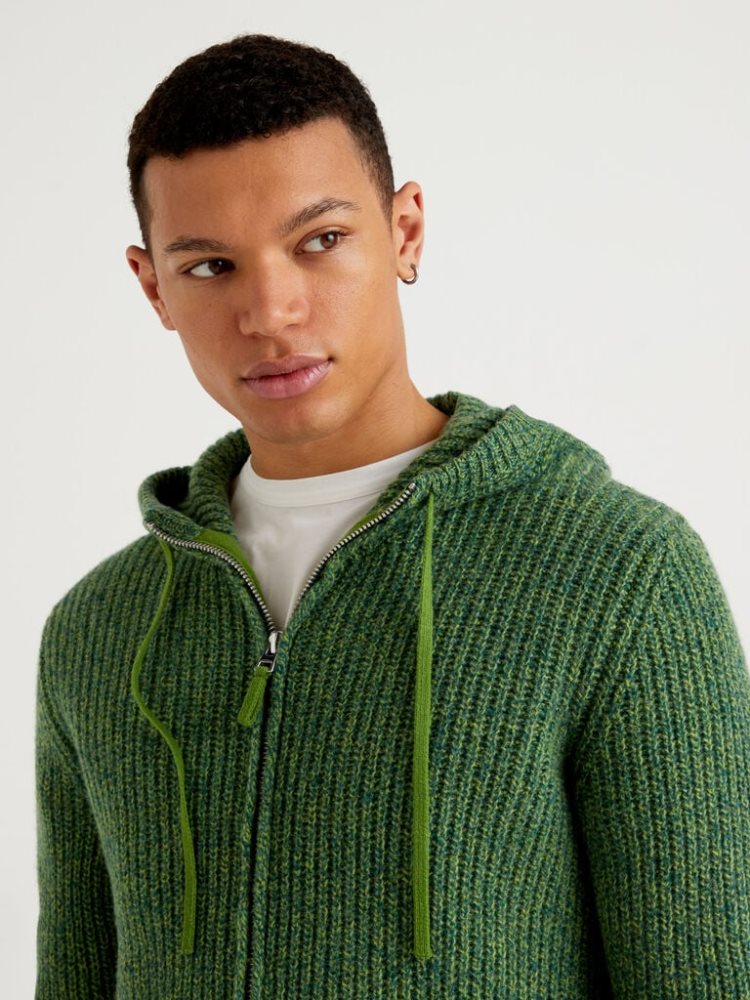 Green Men's Benetton Hood Shetland Wool Crew Neck Sweaters | AU235643