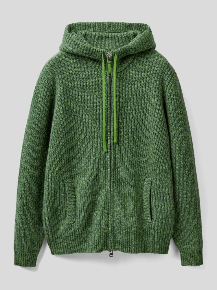 Green Men's Benetton Hood Shetland Wool Crew Neck Sweaters | AU235643