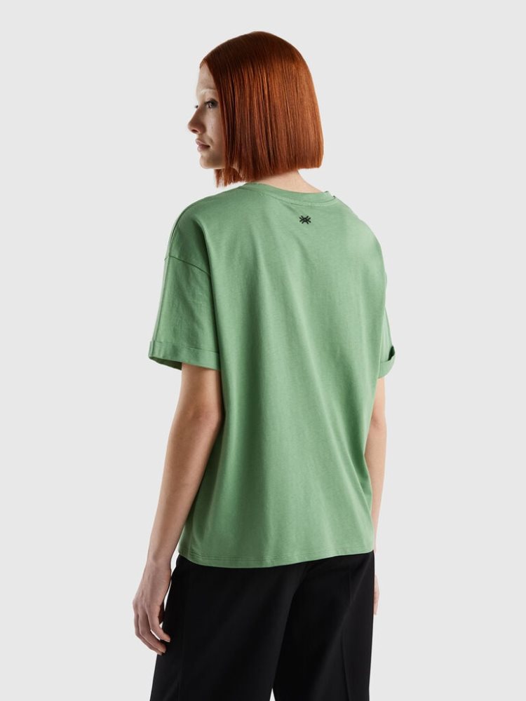 Green Women's Benetton 100% Cotton Slogan Short Sleeve T-shirts | AU027685