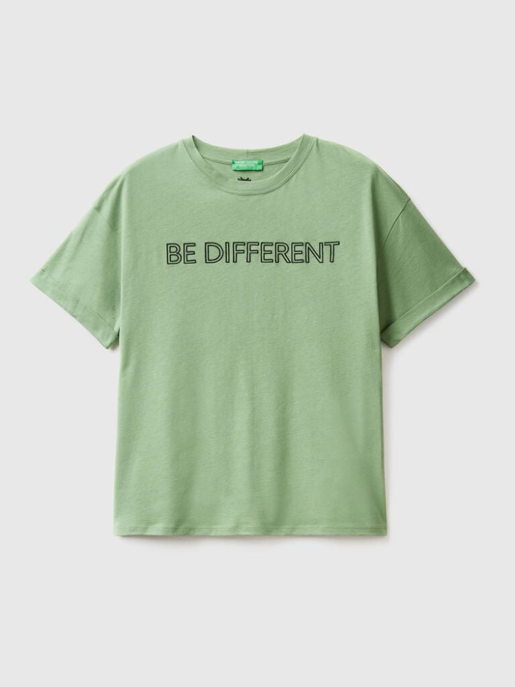 Green Women's Benetton 100% Cotton Slogan Short Sleeve T-shirts | AU027685