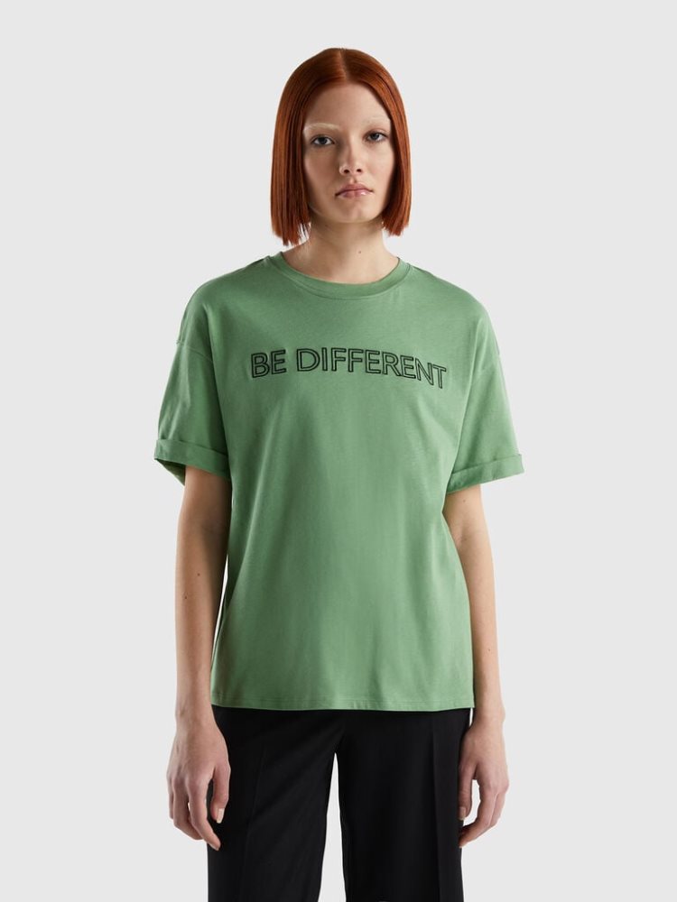 Green Women\'s Benetton 100% Cotton Slogan Short Sleeve T-shirts | AU027685