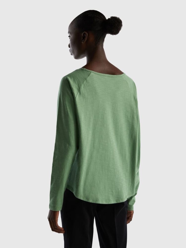 Green Women's Benetton Long Sleeve Pure Cotton T Shirts | AU406498