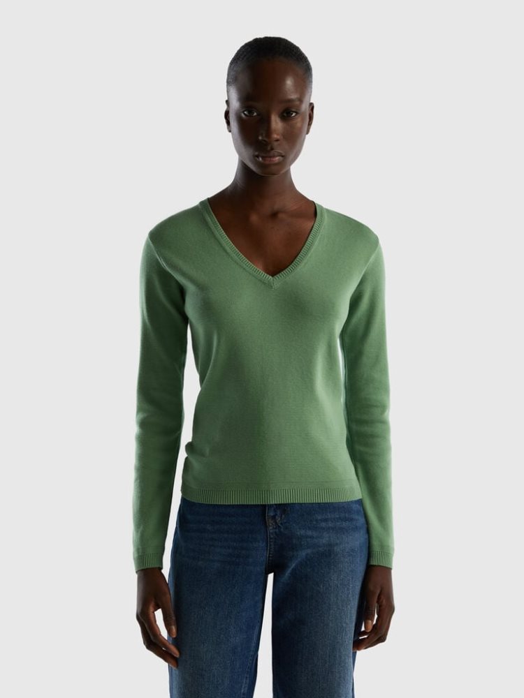 Green Women\'s Benetton Pure Cotton V-neck Sweaters | AU122007