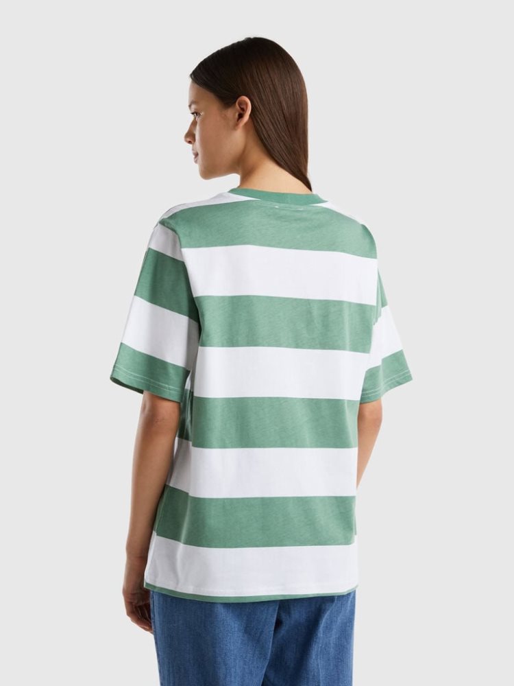 Green Women's Benetton Striped Slogan Short Sleeve T-shirts | AU819909