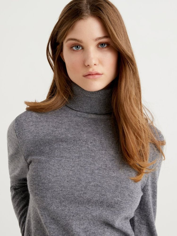 Grey Women's Benetton Pure Merino Wool Turtleneck High Neck Sweaters | AU115488