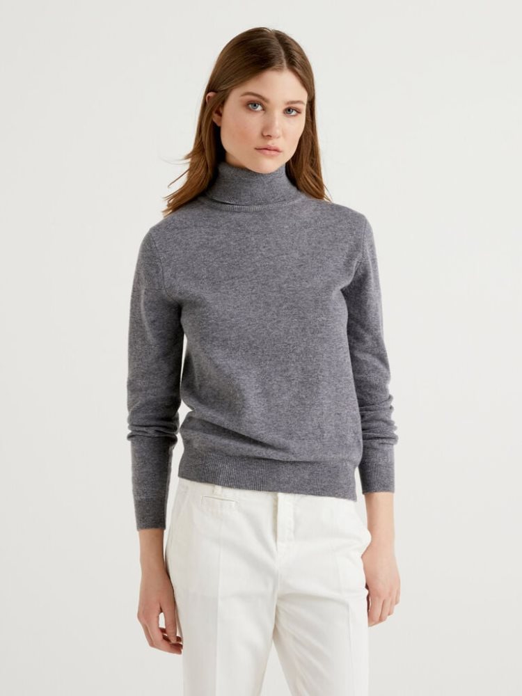 Grey Women\'s Benetton Pure Merino Wool Turtleneck High Neck Sweaters | AU115488