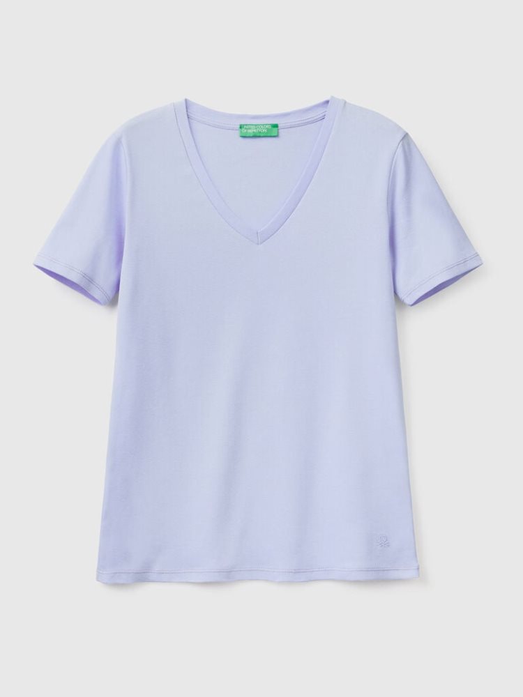 Lavender Women's Benetton Pure Cotton V-neck Short Sleeve T-shirts | AU440503